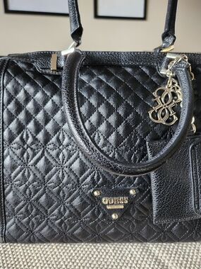 GUESS Quilted Black Leather Tote Bag with Logo Charm